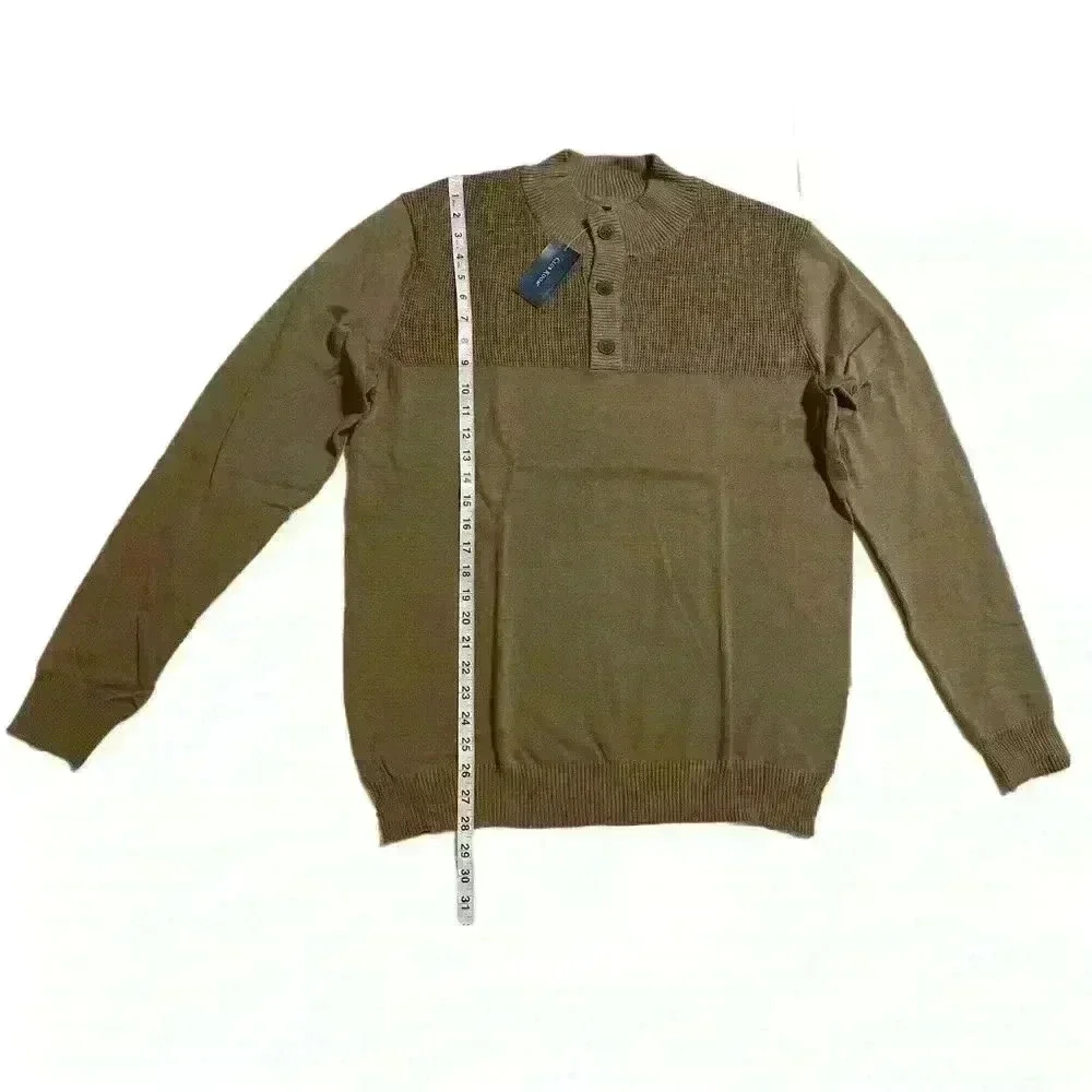 Club Room Mock Neck 3-Button 100% Cotton Pullover Mens Sweater Size L Walnut